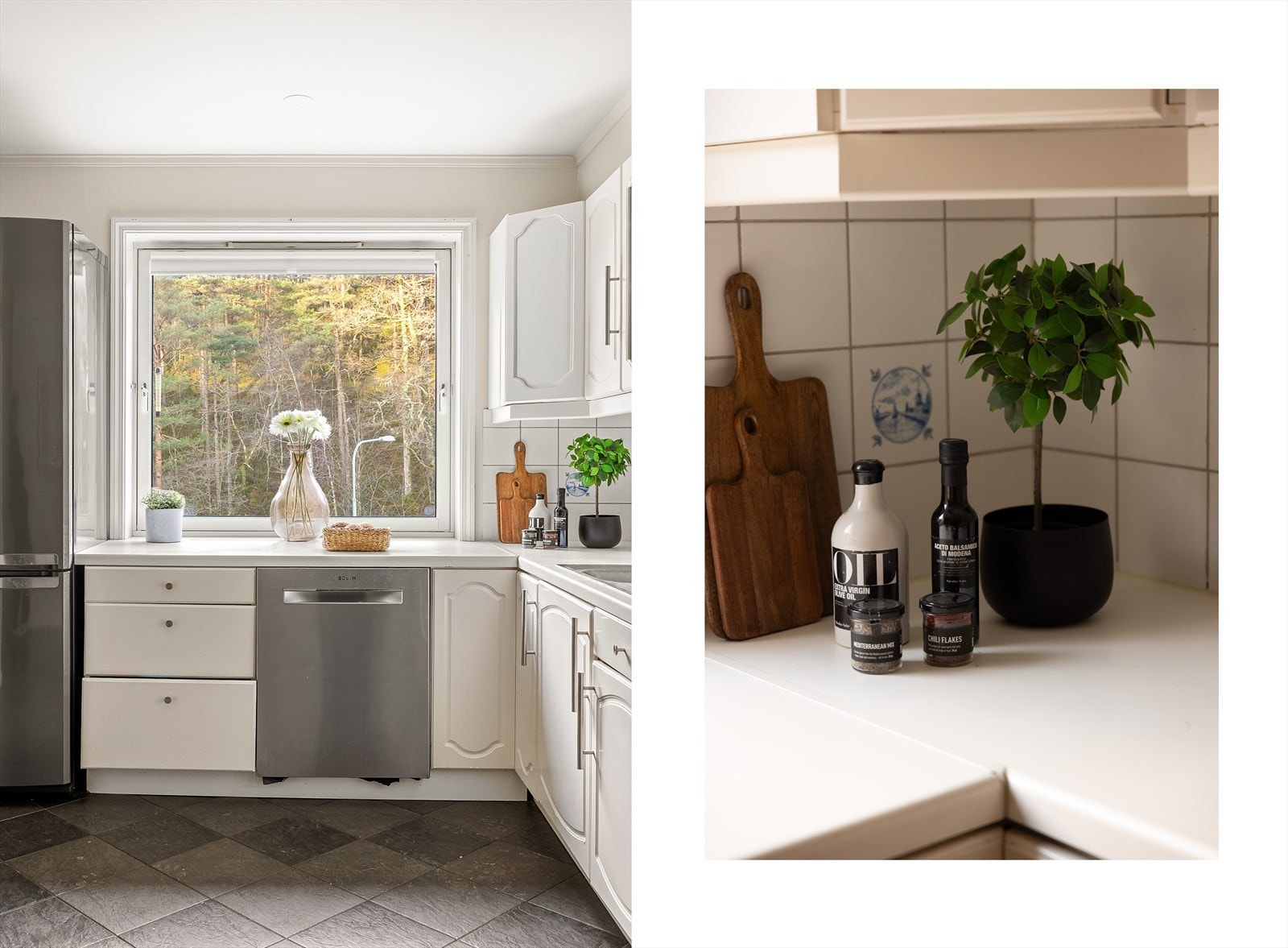 Kjøkkenet fremstår funksjonelt og ryddig, med fliser over benk og opplegg for oppvaskmaskin. Galleribilde