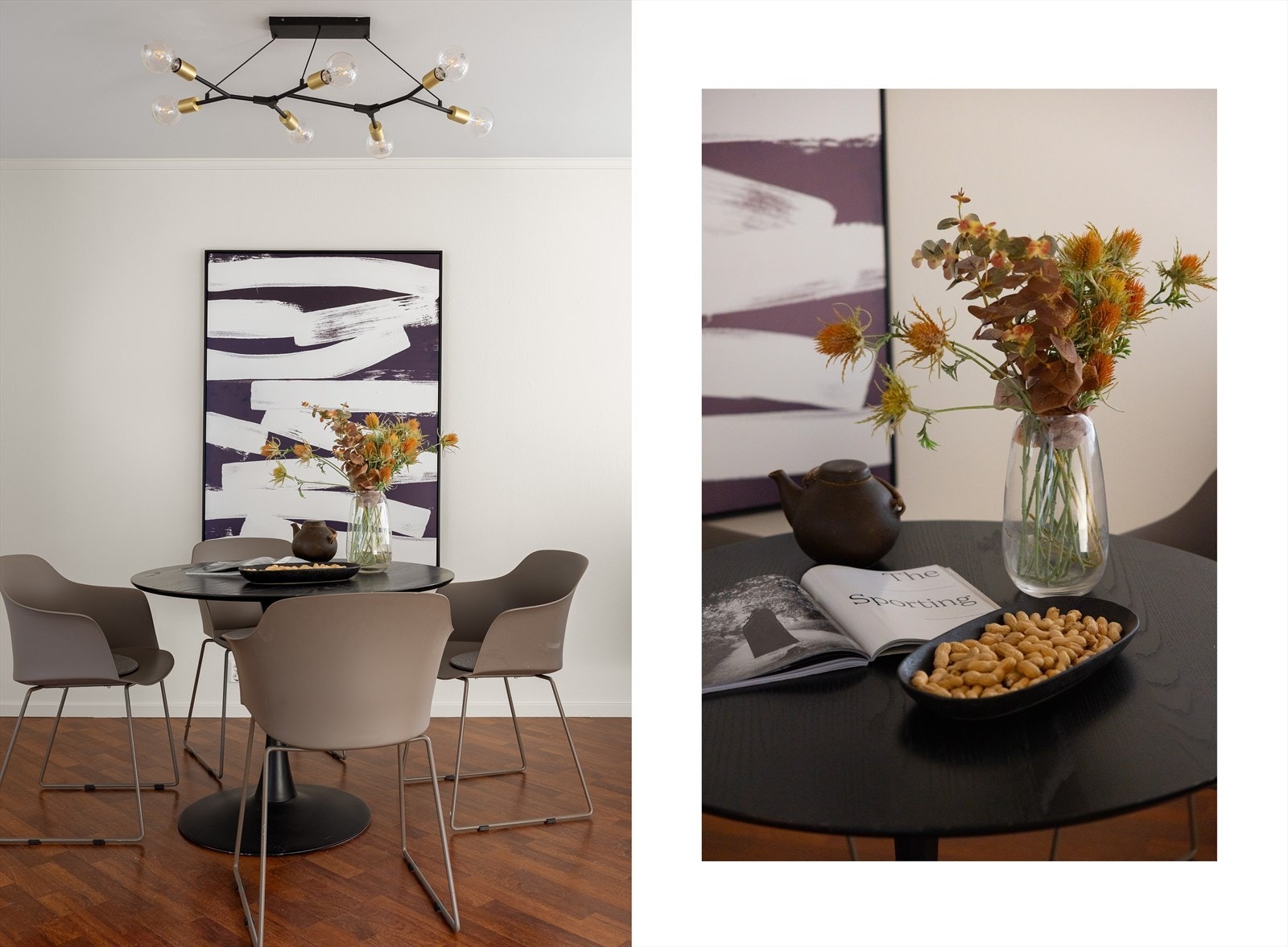 Her er det god plass til både sofagruppe og spiseplass, noe som gjør rommet ideelt for både hverdagsliv og sosiale sammenkomster. Galleribilde