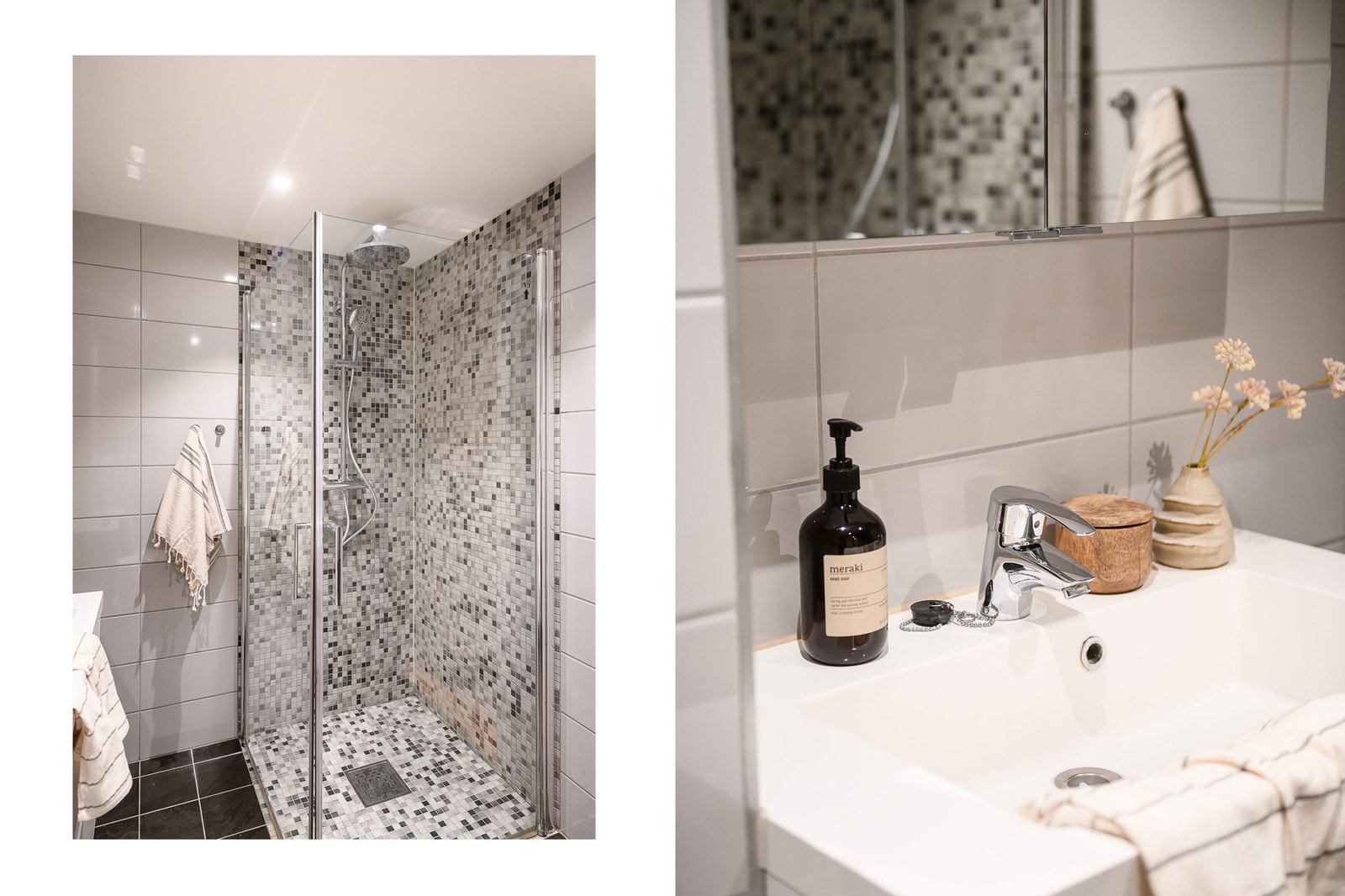 Et nedsenket dusjhjørne med mosaikfliser, svingbare glassdører og både takdusj og hånddusj. Innredningen består av servantseksjon med heldekkende servant og gode skuffeløsninger samt speilskap. Galleribilde