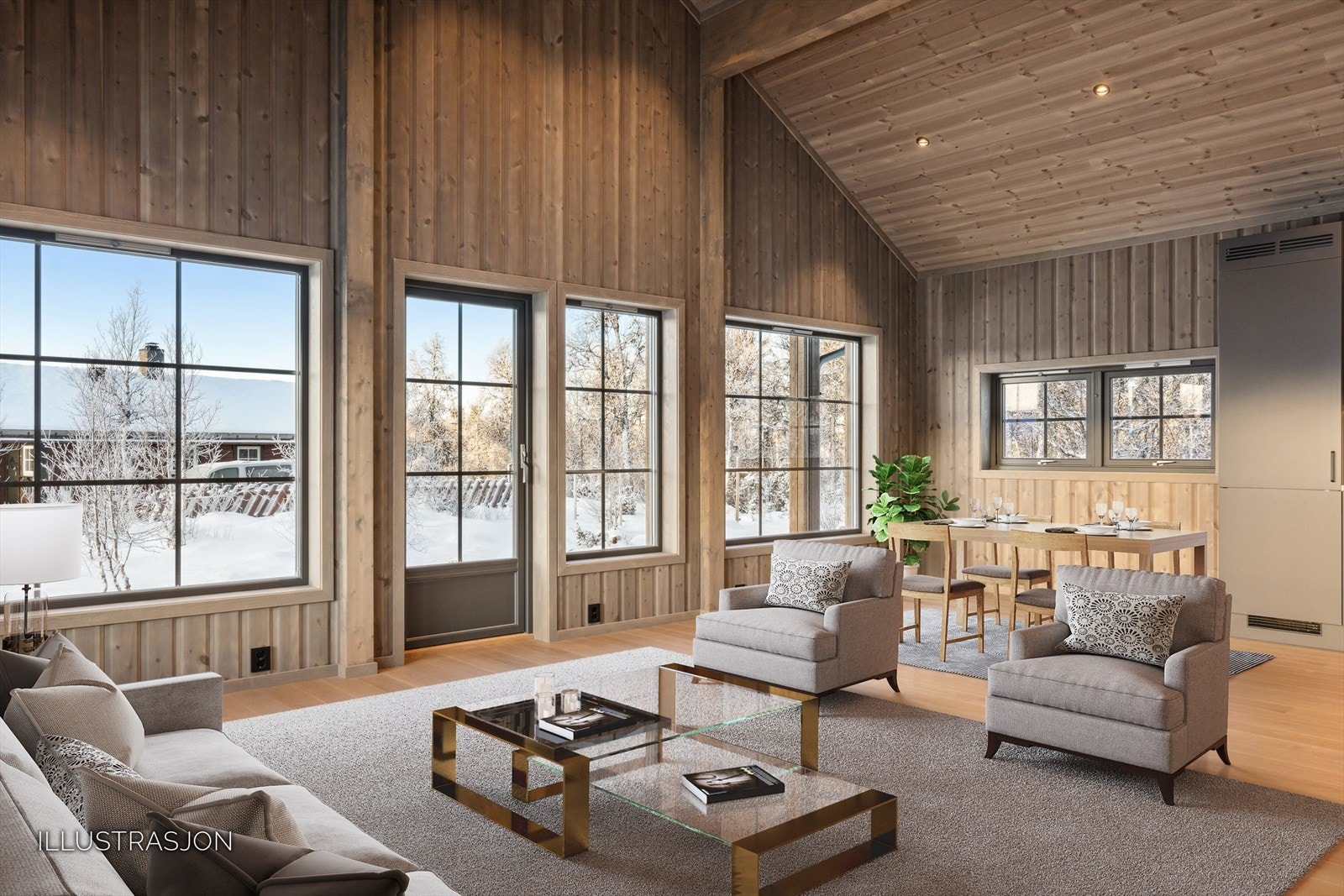 Det er mønet himling med limtredagere og stemningsfull downlightsbelysning. I stua er det god plass til flere sittegrupper og en stilig peisovn med innsyn gir en lun hyttestemning. Galleribilde