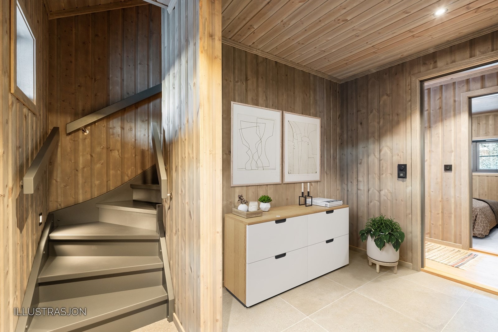 I hallen er det pent flislagt gulv med varmekabler, og det er god plass til ytterjakker og sko. En malt tretrapp med nattlys går opp til loftsetasjen. Galleribilde