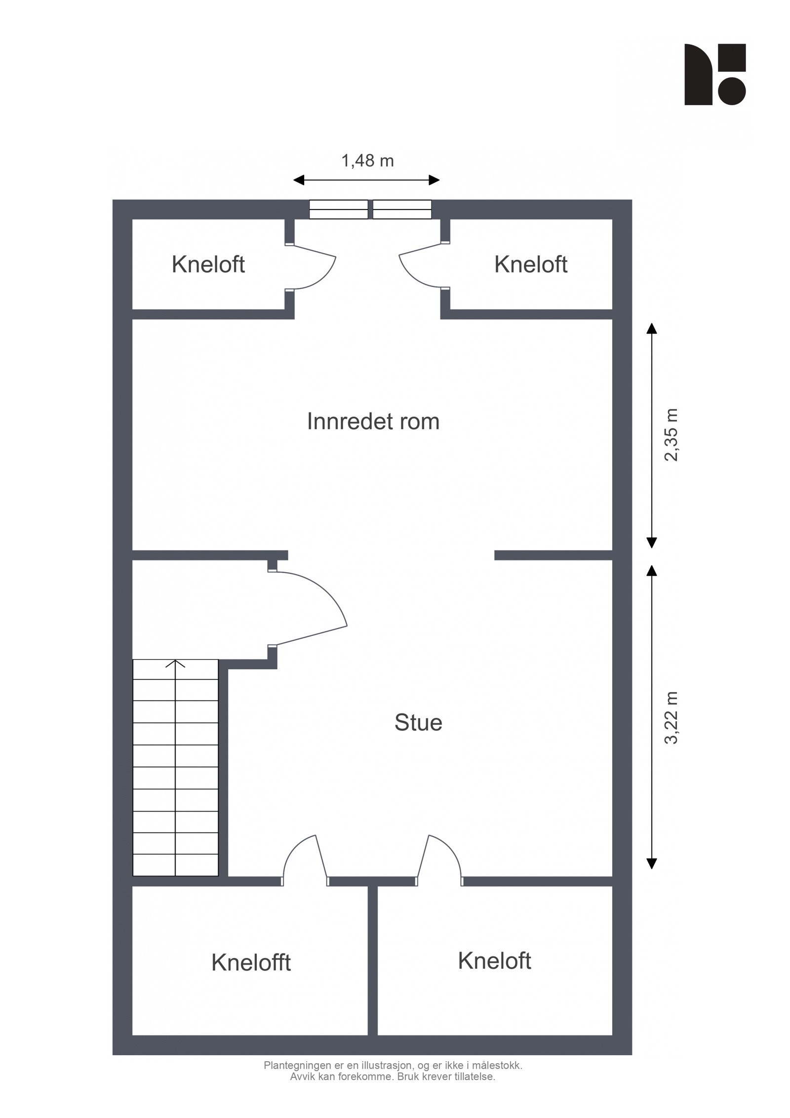 Planløsning loft etasje består av, Fire kneloft, og innredet rom. Loftet benyttes i dag som et ekstra oppholdsrom men er ikke godkjent for dette formålet. Galleribilde