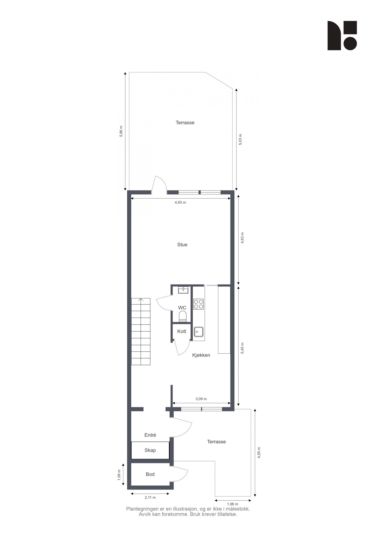 Planløsning første etasje består av, Entre, Kjøkken, WC, Stue, Trapperom, To terrasser, Kott og bod. Galleribilde