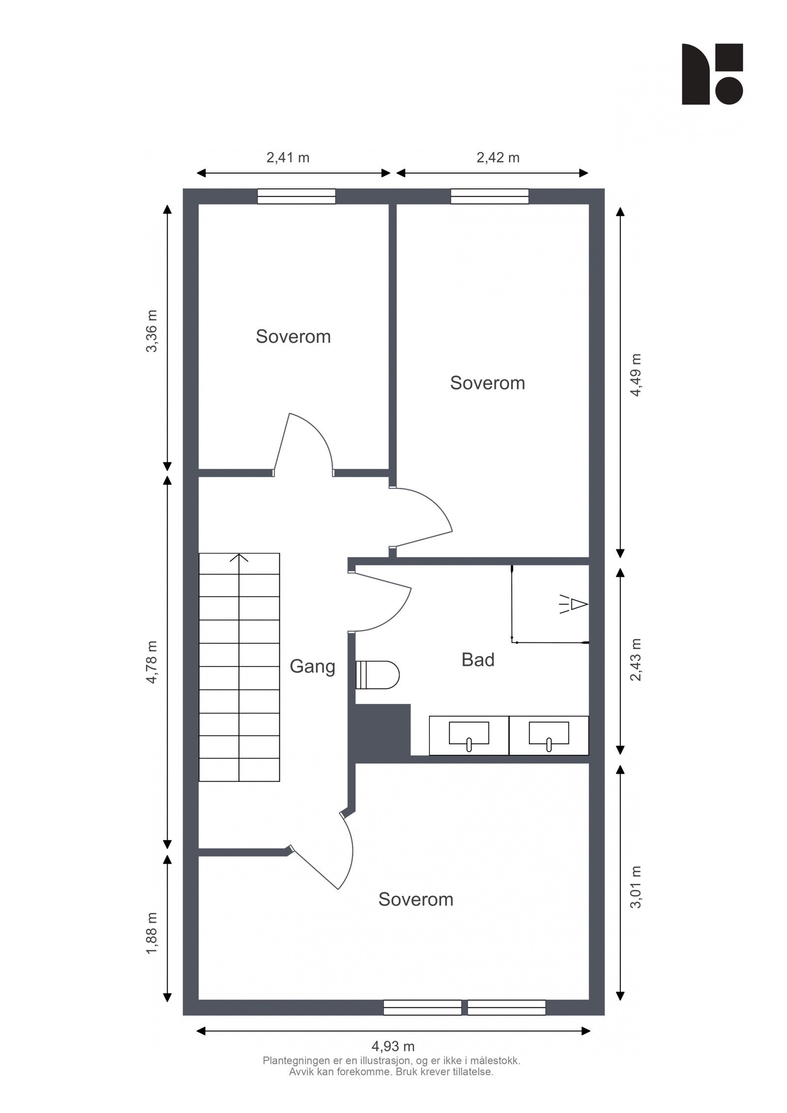 Planløsning andre etasje består av, Tre soverom, Bad og gang / trapprom. Galleribilde