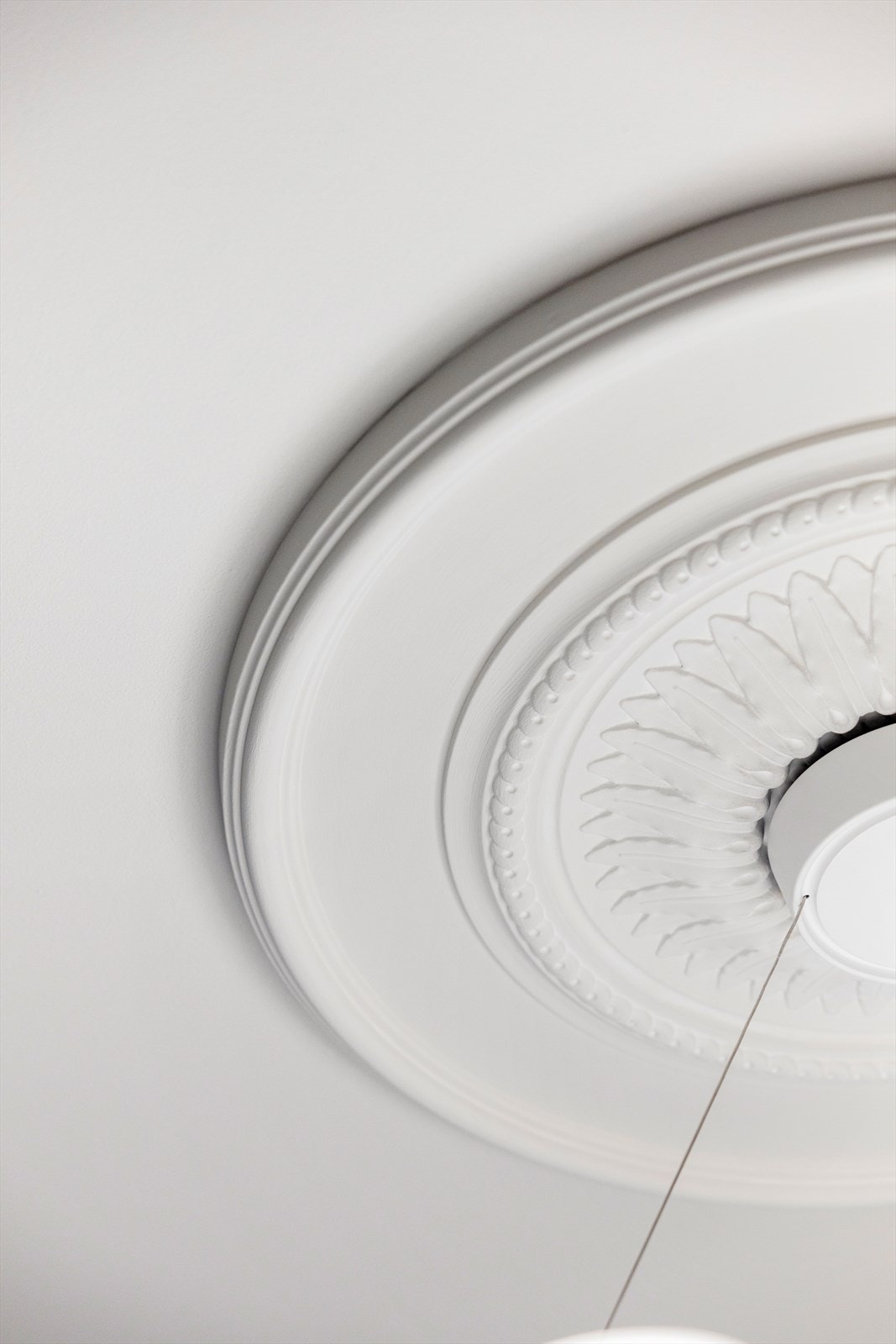 Stuen har utsøkte detaljer og rosett i himlingen. I forbindelse med kjøkkenoppgraderingen ble tak og stukkatur sparklet og malt Galleribilde