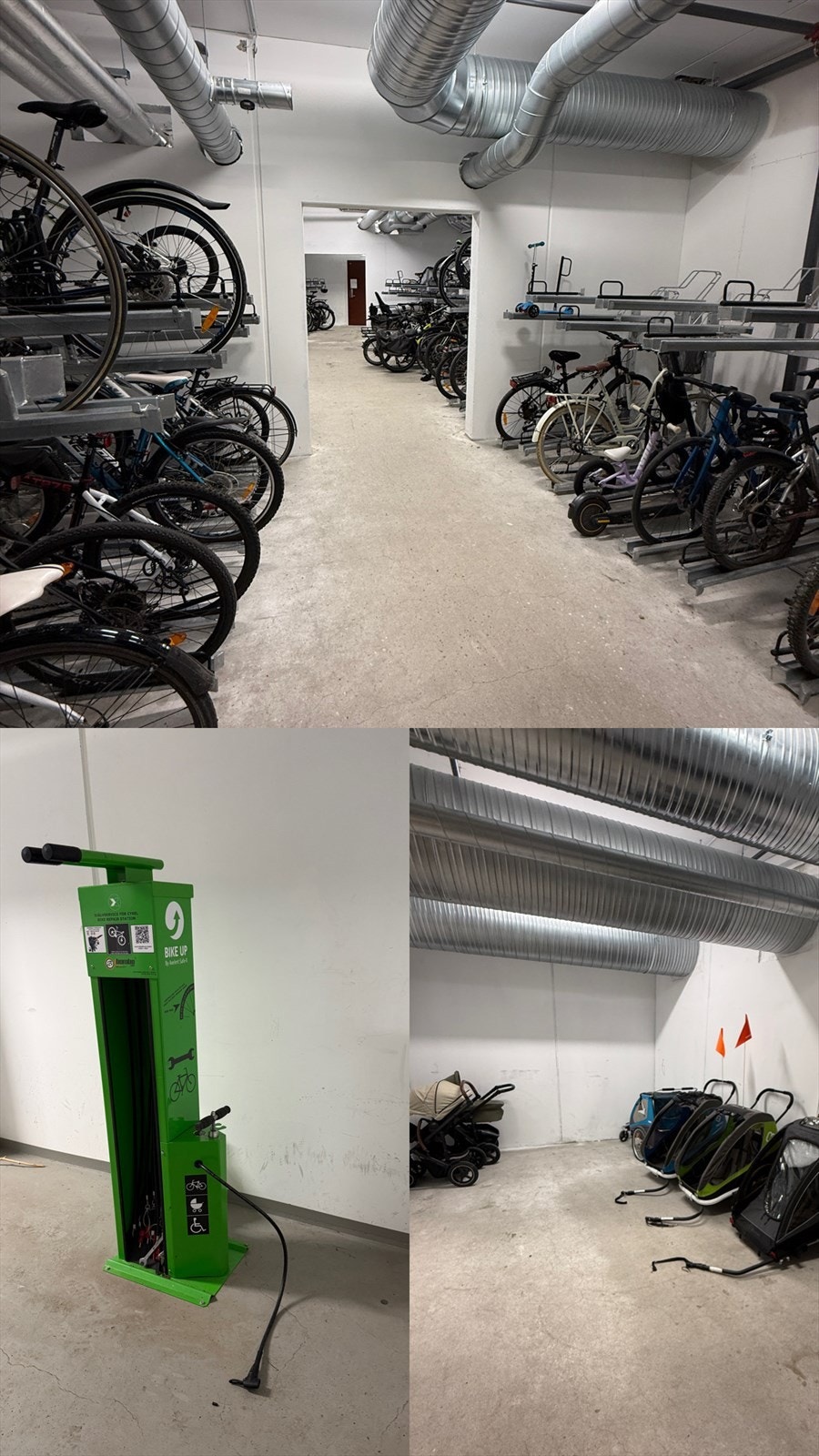 I kjelleren er det sykkelparkering, sykkelverksted og barnevognrom Galleribilde