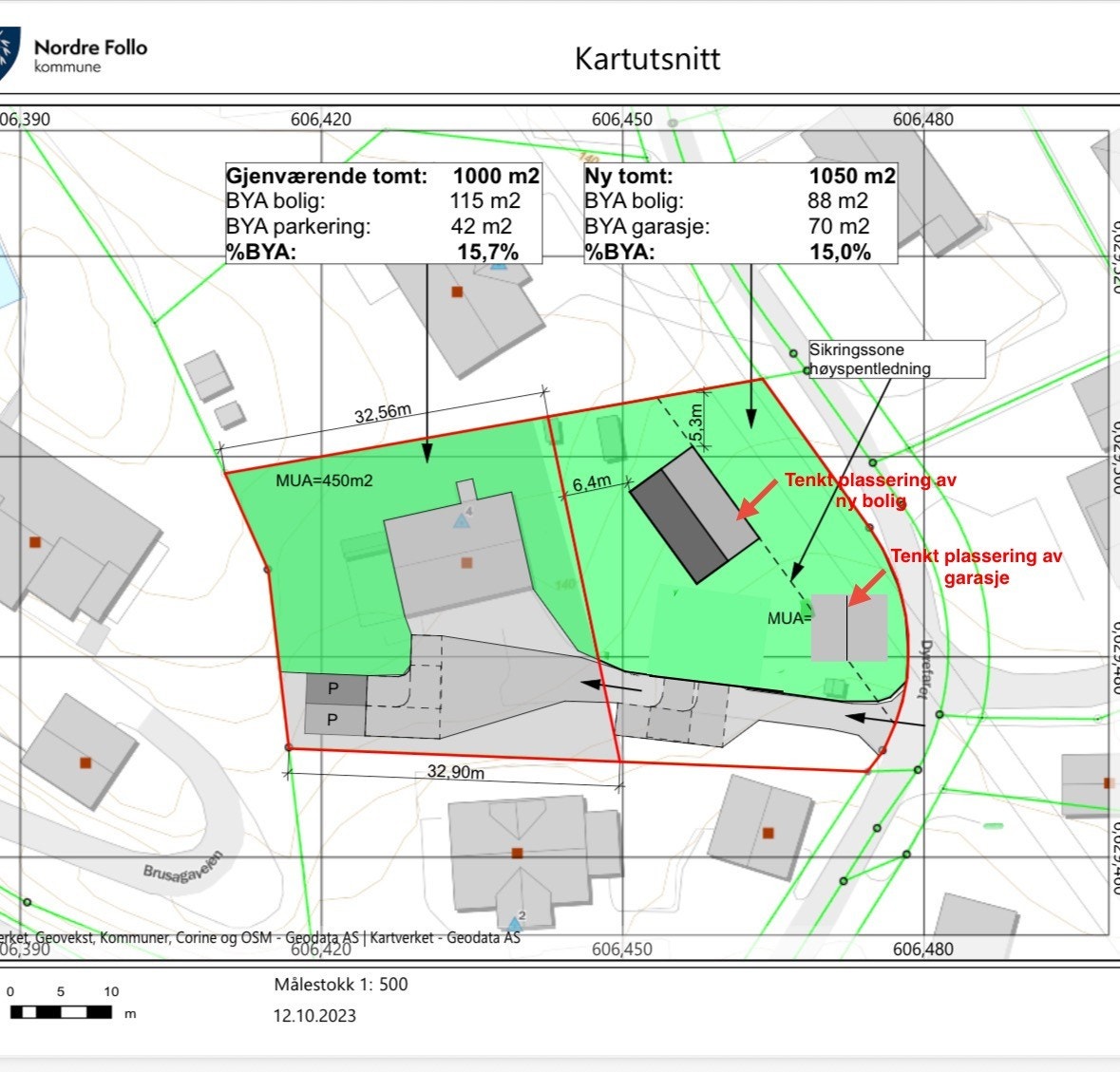 Tenkt plassering av ny bolig på tomt og alternativ plassering av garasjen som også kan gi fritt utsyn til Tangentjernet Galleribilde