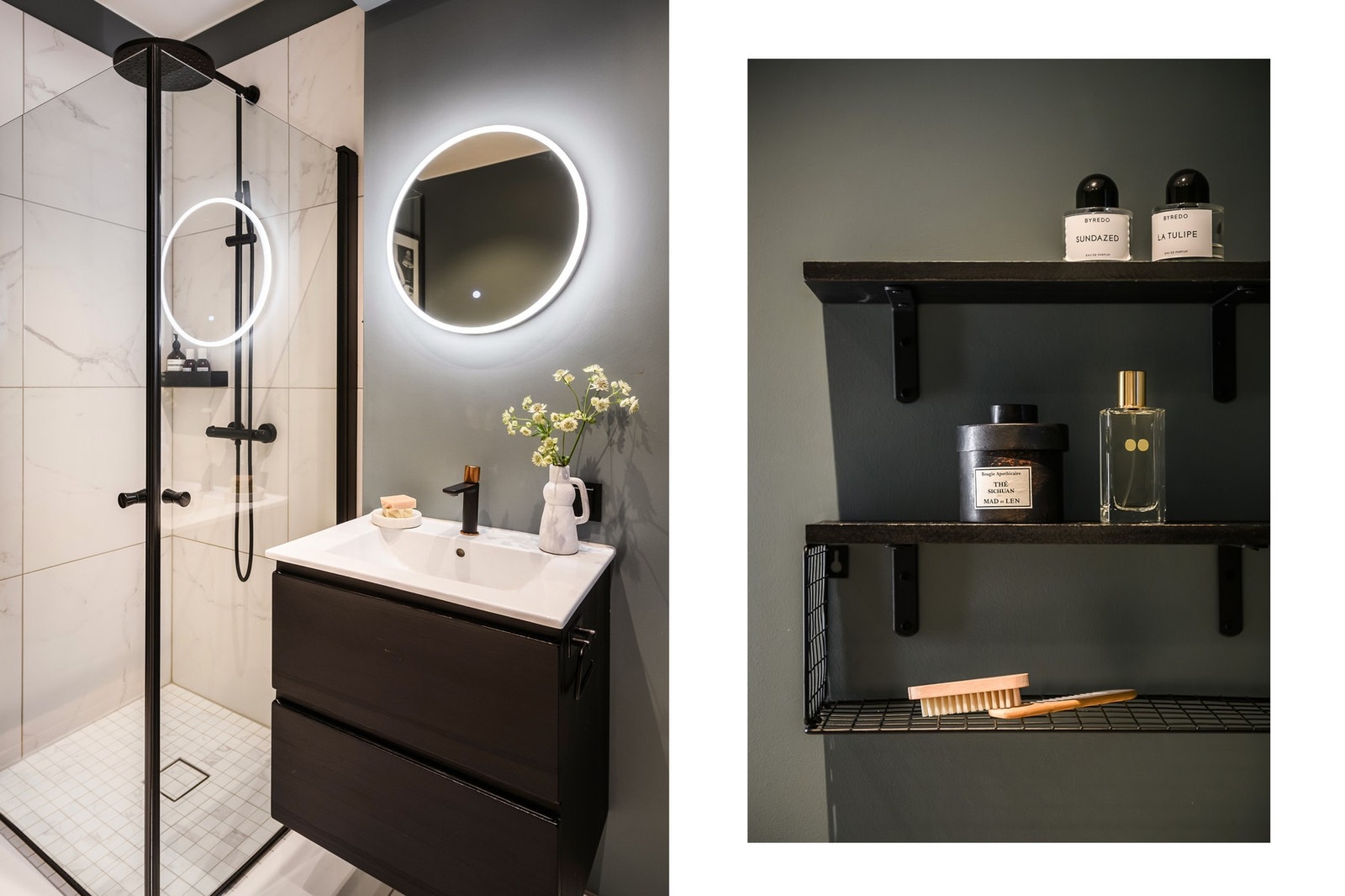 Dusjhjørne med regndusj og innfellbare glassvegger, samt servantskap med heldekkende servant. Elektriske varmekabler i gulvet. Galleribilde