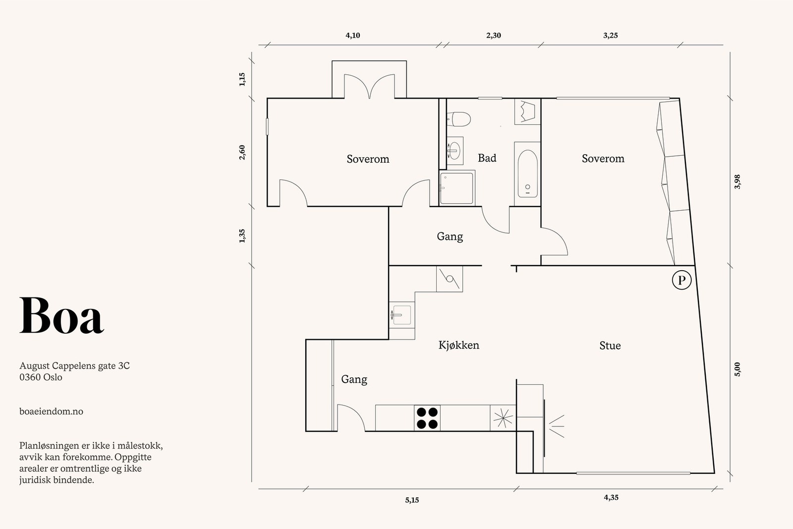 3. etasje: Entré, kjøkken, stue/spisestue, mellomgang, bad/wc, 2 soverom.
Annet:
Balkong på 2,2 m².
Leiligheten disponerer kjellerbod på 3,5 m² og loftsbod på 8,0 m². Galleribilde