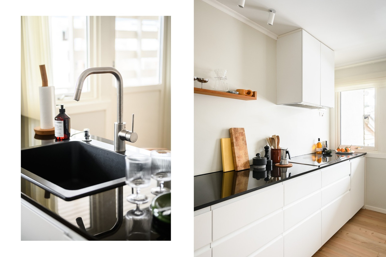 Oversiktlig kjøkkensone med avtrekk ført ut og moderne overflater. Galleribilde