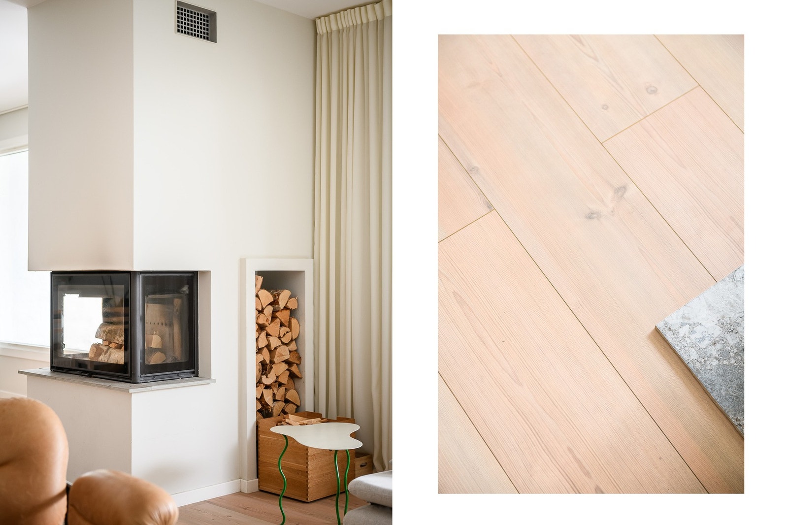 Peisinnsatsen fungerer som et tydelig midtpunkt og gir rommet et behagelig uttrykk. Galleribilde