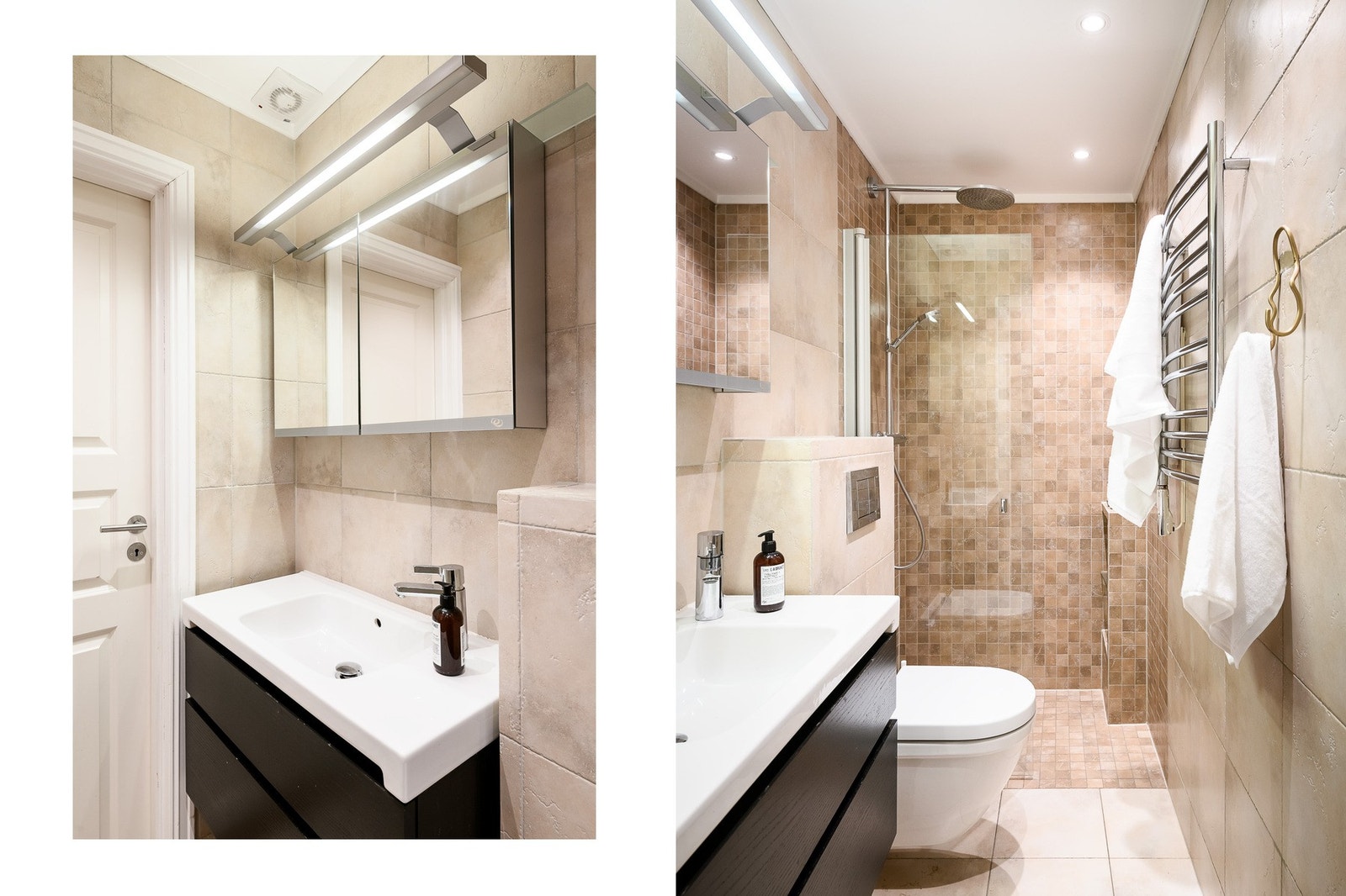 Badet i 1.etg er velholdt, med fliser, varmekabler og en praktisk dusjløsning som gir et rent uttrykk. Galleribilde