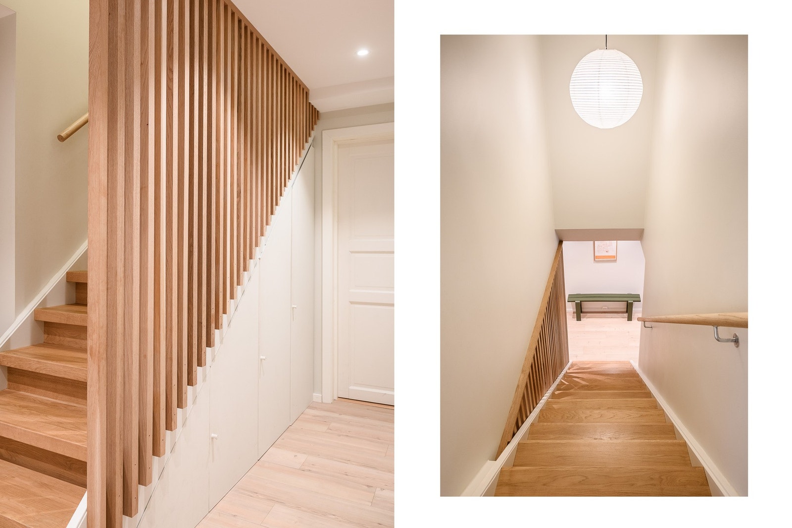 Åpen trappeløsning som knytter etasjene sammen på en ryddig og lys måte. Galleribilde