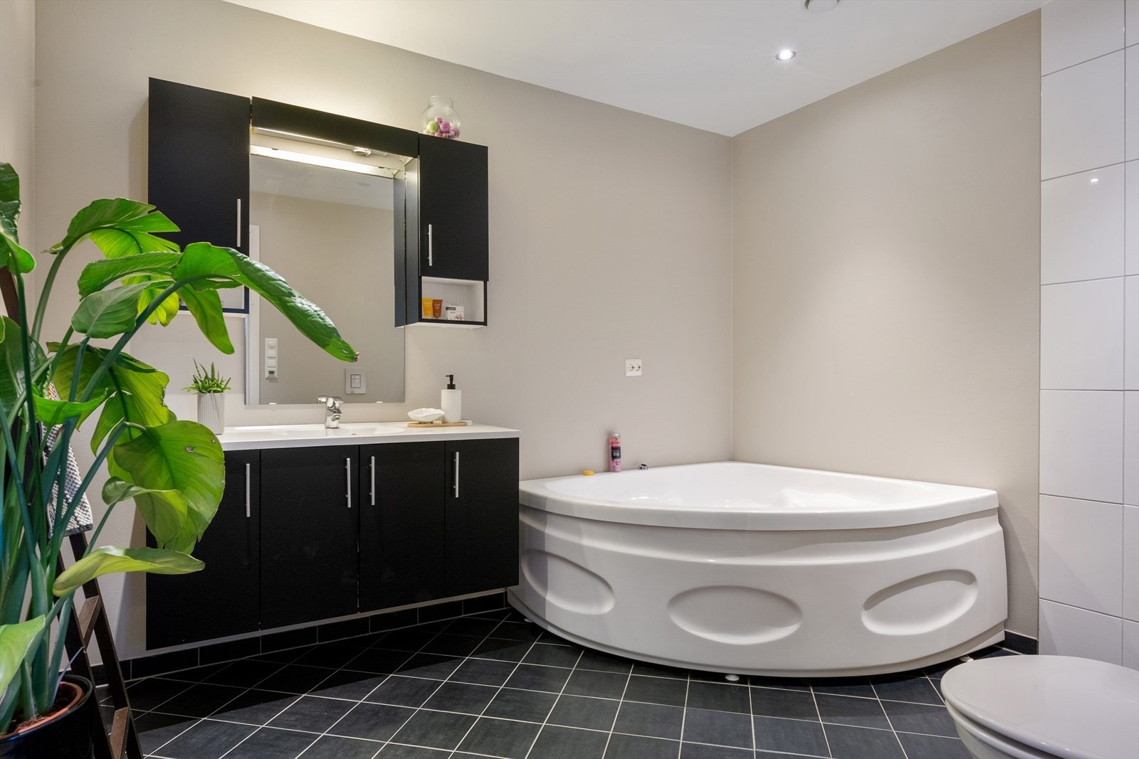 Bad med god størrelse som inneholder wc, vask i seksjon og hjørnekar/dusj Galleribilde