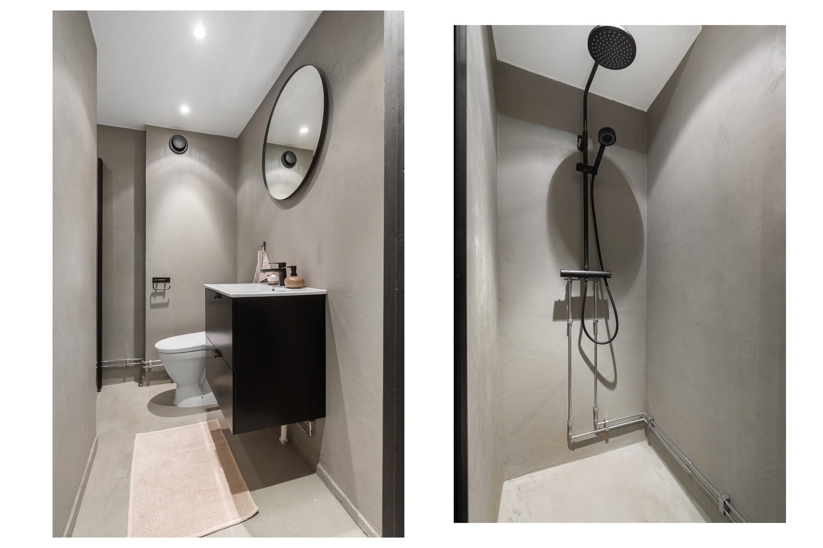 Badet fremstår moderne og delikat, med mikrosement på gulv og vegger som gir et stilrent og sømløst uttrykk. Galleribilde