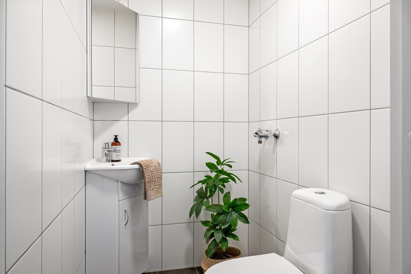 Tolaettrommet er helfliset og innredet med servant i baderomsmøbel og toalett. Galleribilde