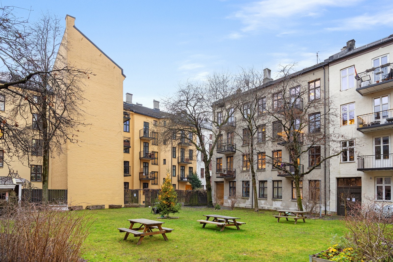 - Gården har et svært flott og frodig gårdsrom med plen, planter, sittegrupper m.m. - Galleribilde