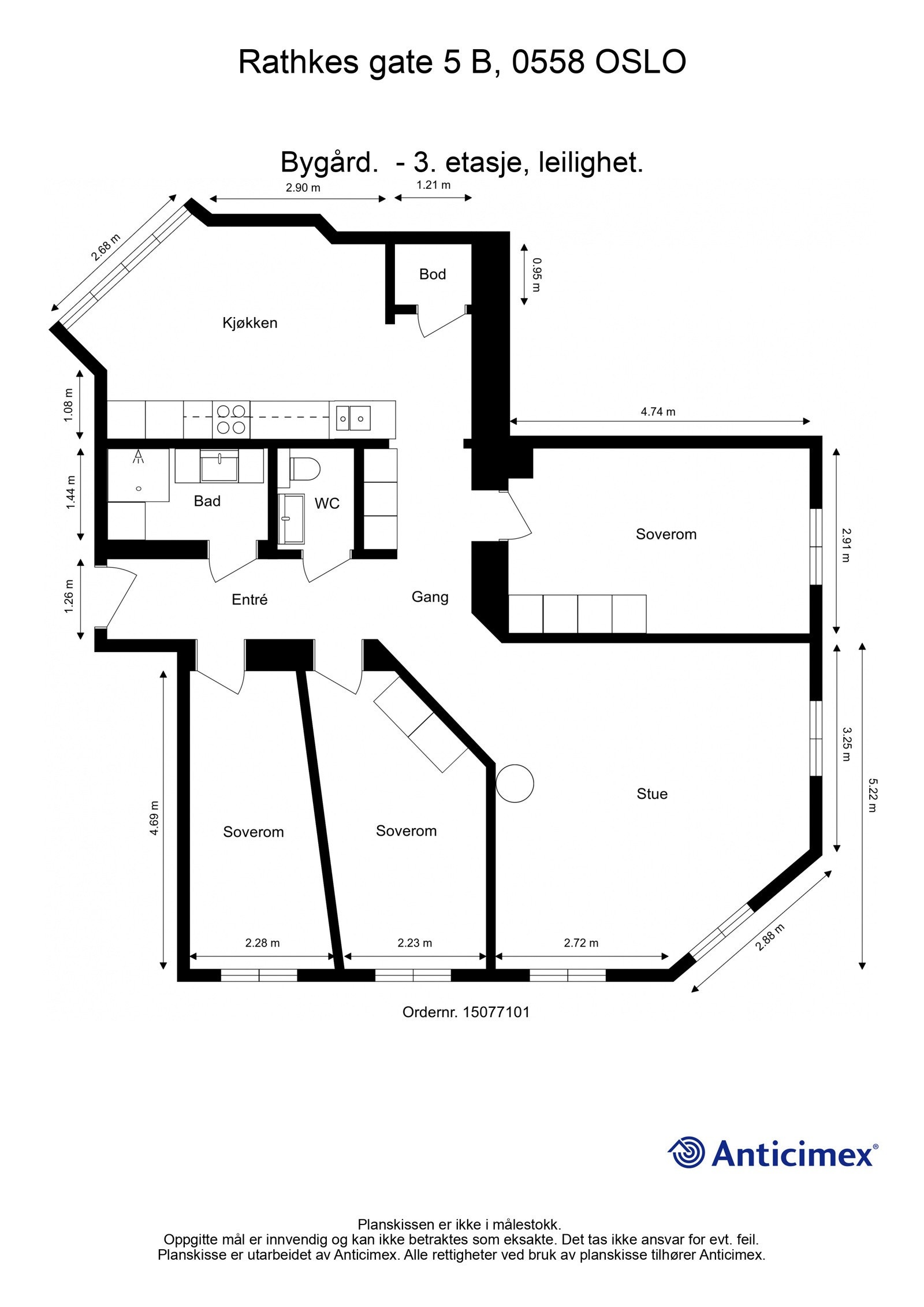 - Plantegning med mål Rathkes gate 5 B, 3. etasje - Galleribilde