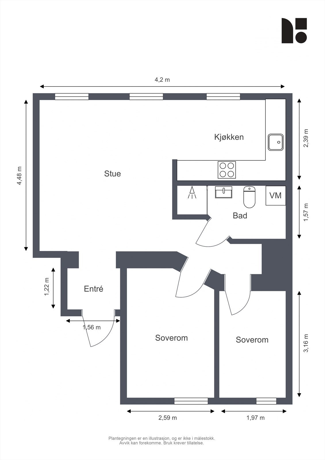 Plantegning. I tillegg disponerer leiligheten to kjellerboder. Galleribilde