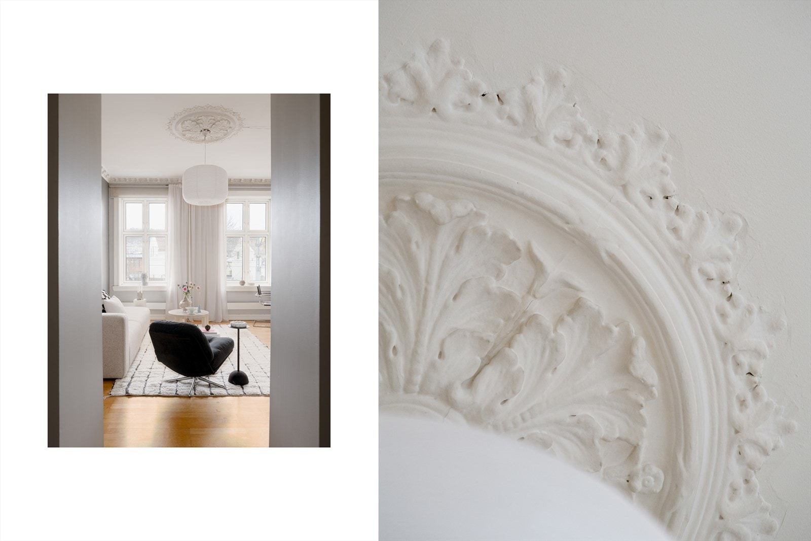 Første møte med leiligheten er store vindusflater på rekke og rad, en takhøyde på 3 meter og klassiske detaljer som rosett og stukkatur. Galleribilde