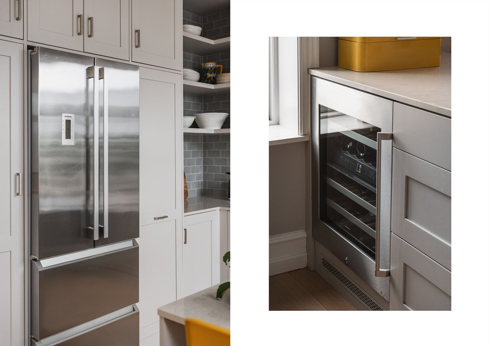 Siemens kjøleskap med doble dører og to fryseskuffer og Gaggenau vinkjøleskap i øy medfølger Galleribilde