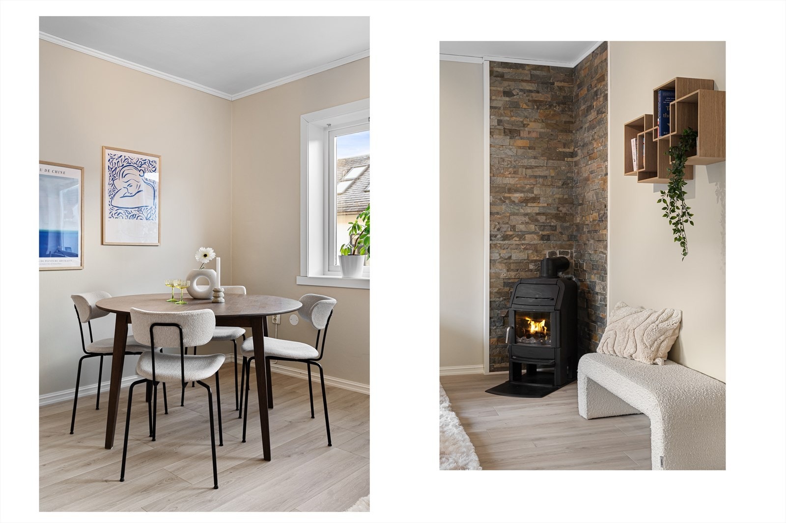 Laminatgulv gir et rolig og helhetlig uttrykk, mens vedovnen skaper varme og en hyggelig atmosfære som er perfekt for rolige kvelder og sosialt samvær. Galleribilde