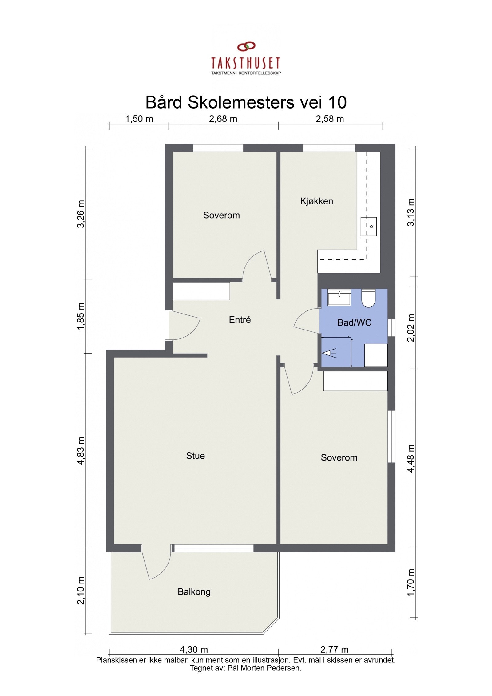 Plantegning. I tillegg disponerer leiligheten en kjellerbod på ca. 3,8m², samt en loftsbod med gulvareal på ca. 11m² (ikke målbar pga. lav takhøyde). Galleribilde