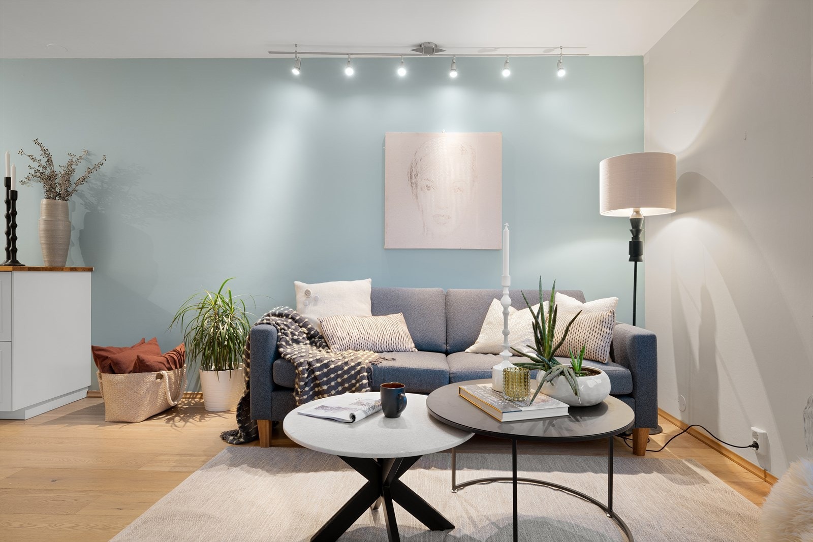 Skinnesystemet i taket gir fleksibel og god belysning i stuen. Galleribilde