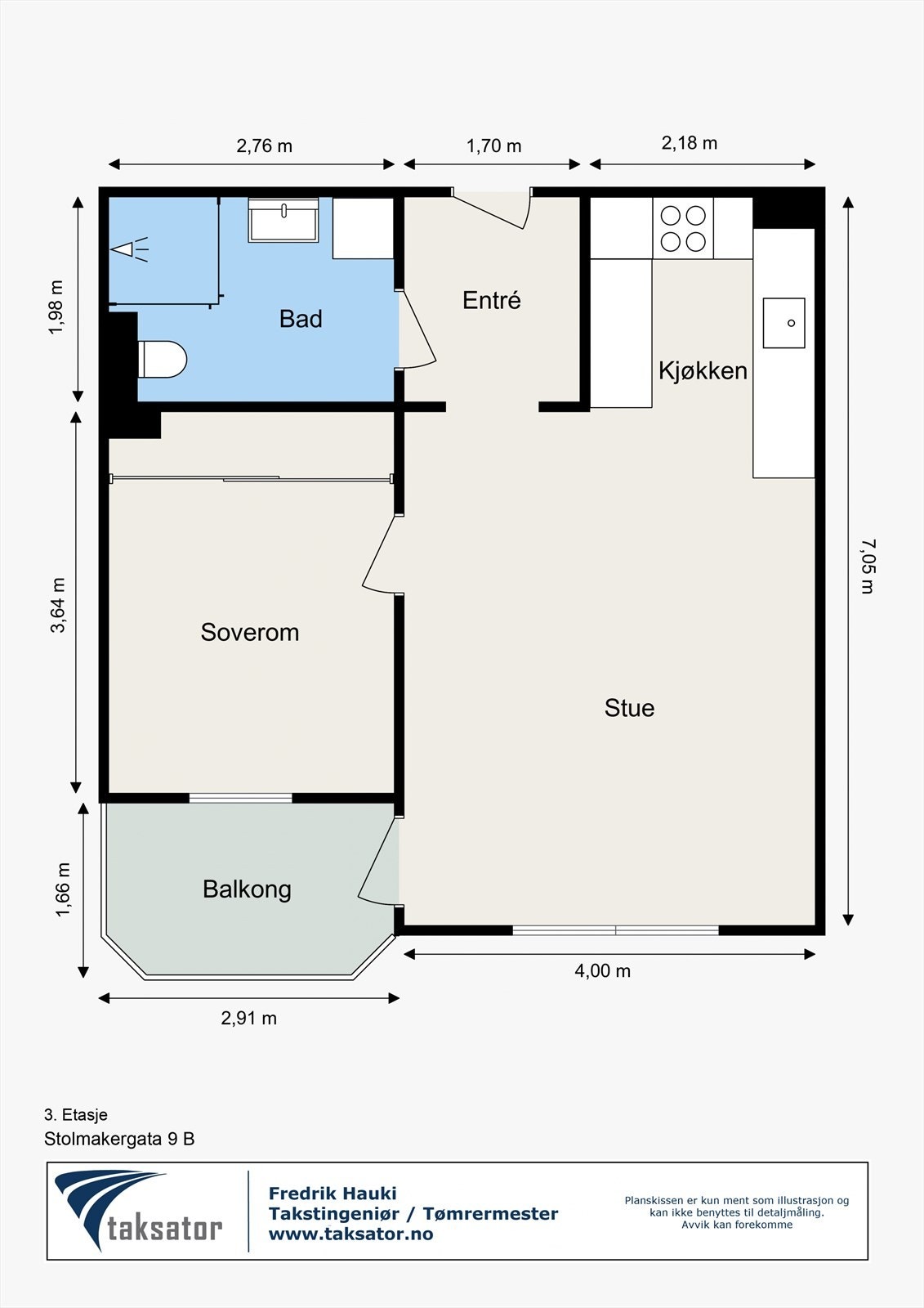 Planløsningen viser en arealeffektiv leilighet med entré, bad, soverom og åpen stue-kjøkkenløsning. Galleribilde