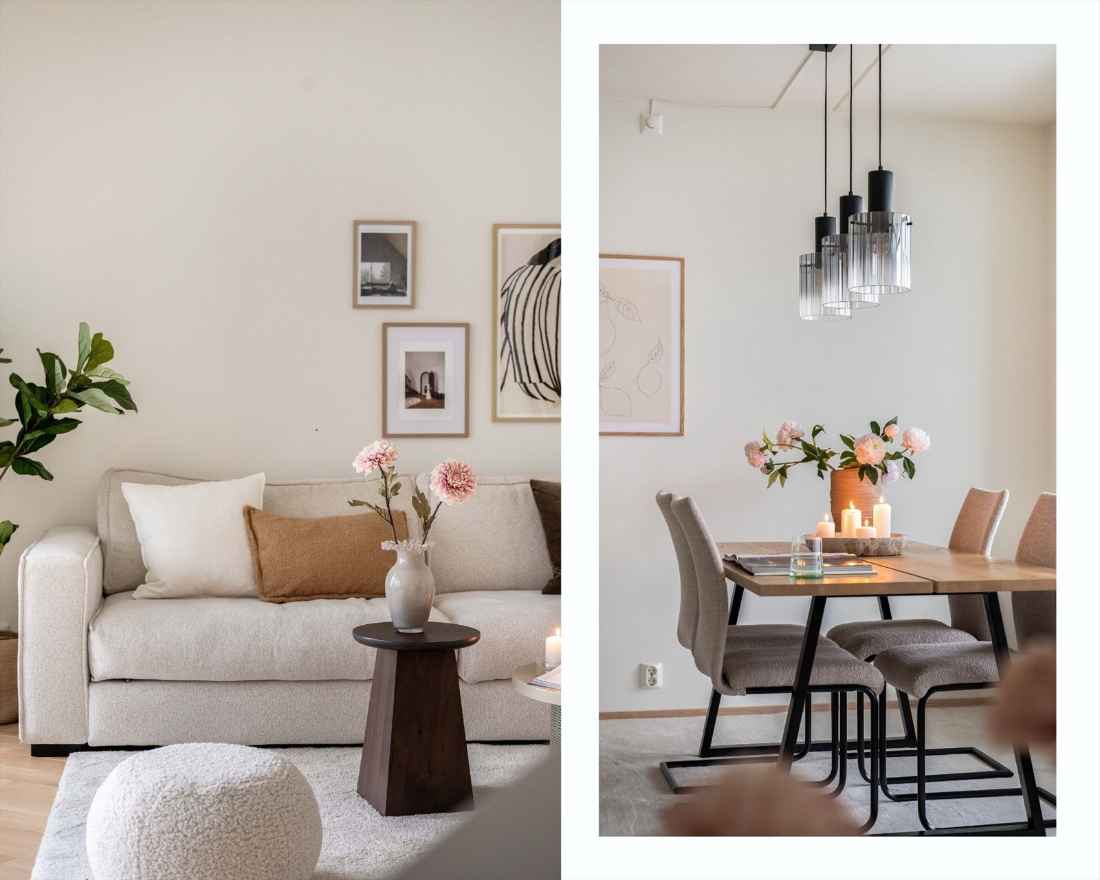 Den åpne kjøkken/stueløsningen gir likevel naturlige soner for spiseplass og sofakrok Galleribilde