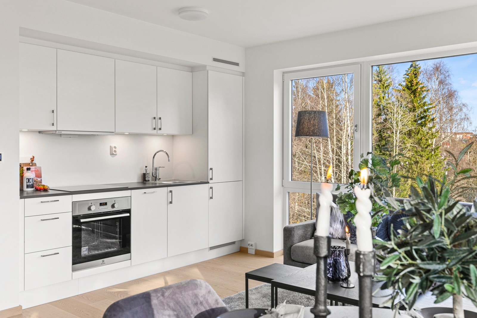 Kjøkkenet har integrert kjøl/frys, oppvaskmaskin, steketopp, komfyr og uttrekkbar avtrekksvifte. Galleribilde