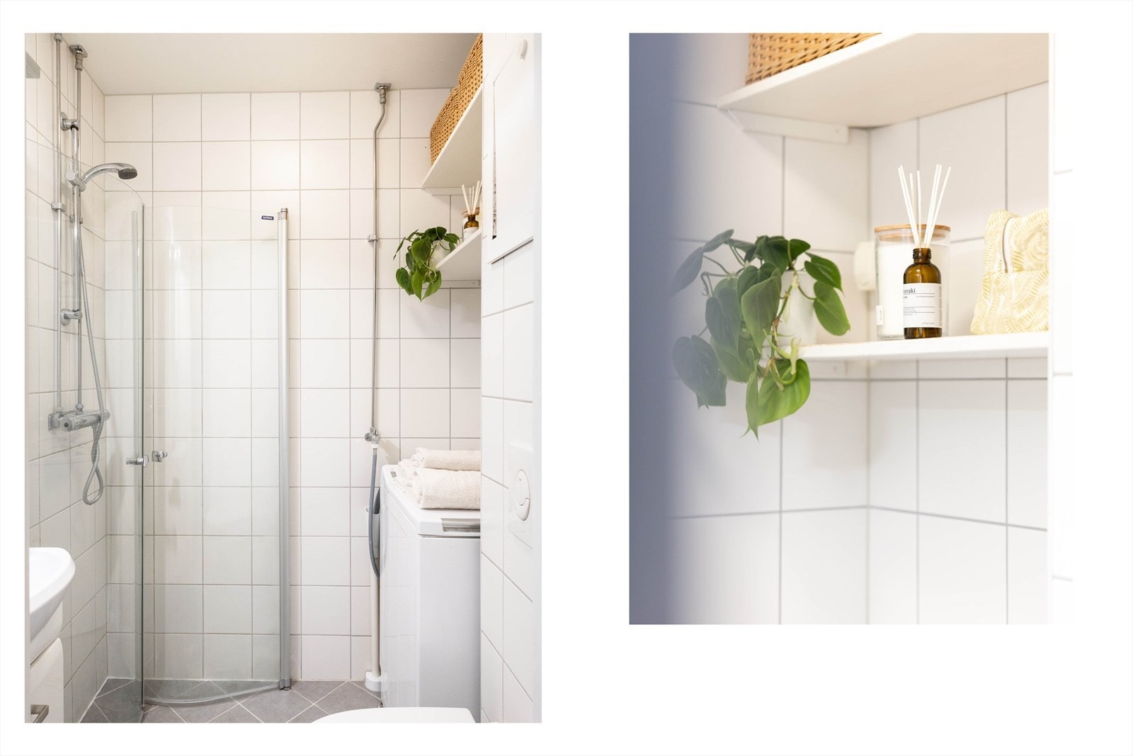 Vaskemaskinen medfølger i salget. Over vaskemaskinen er det et smarte, vegghengte hyller. Galleribilde