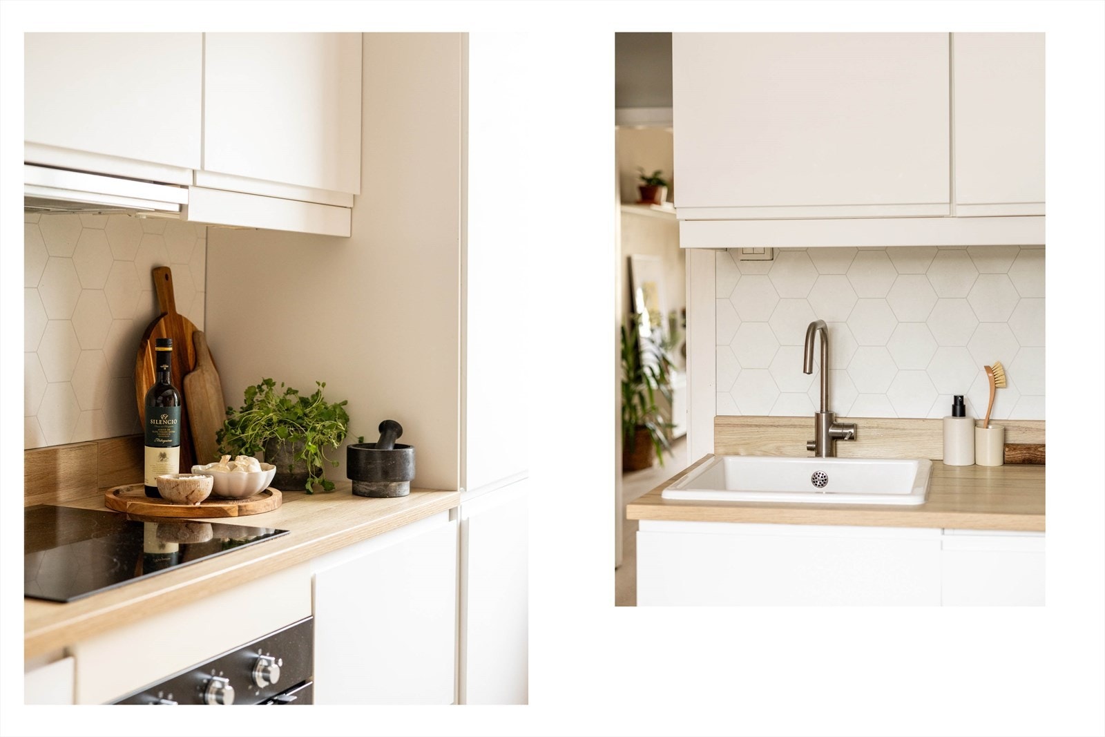 Integrerte hvitevarer som stekovn, keramisk topp, oppvaskmaskin og kombinert kjøl- og fryseskap Galleribilde