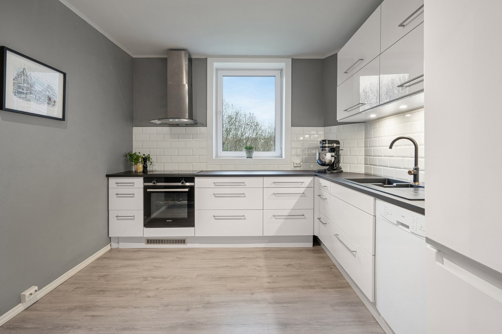 Det er installert automatisk lekkasjestopper med magnetventil og føler i kjøkkenbenk under kum. Galleribilde