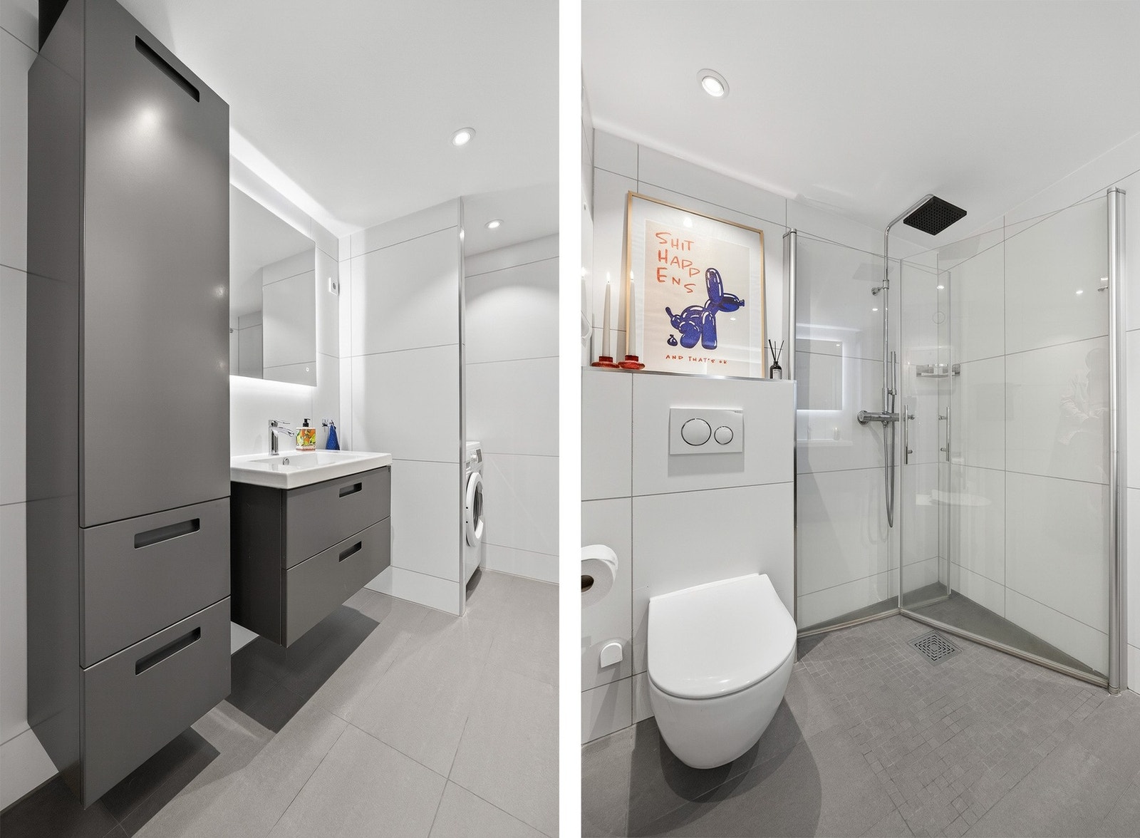 Badet er innredet med servant med underskap, speil med integrert belysning, vegghengt toalett og dusjhjørne med stilrene glassdører i herdet glass. Galleribilde