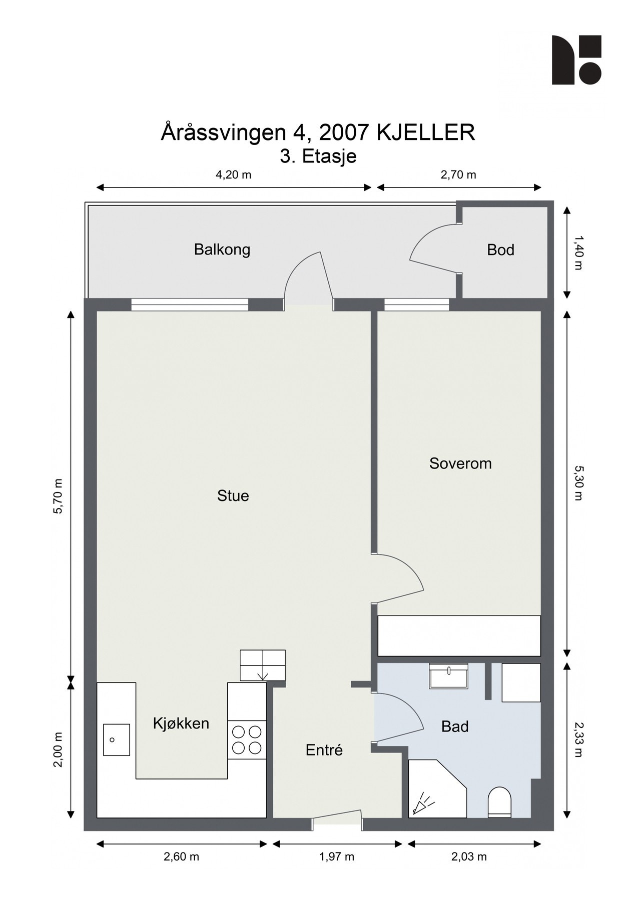 Planløsning består av Entre, Stue/kjøkken, bad, soverom og balkong. Galleribilde