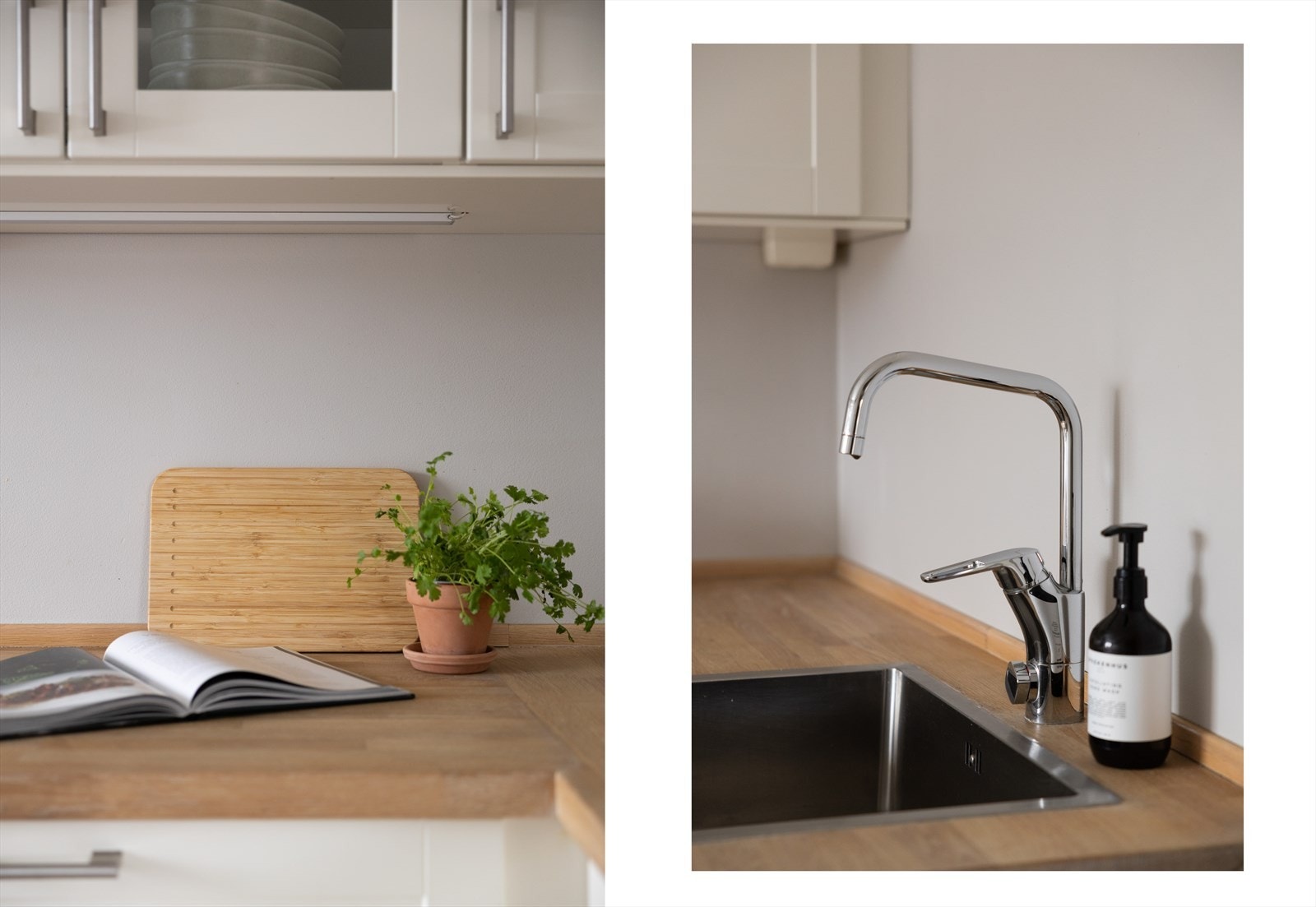 Benkeplaten i heltre er nypusset og oljet, og har en nedfelt oppvaskkum i stål med stilren kran. Galleribilde