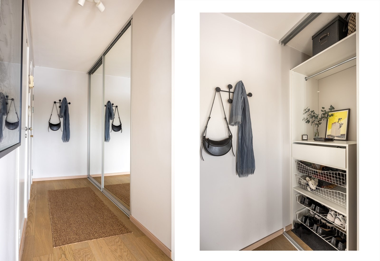 Entreen har en romslig skyvedørsgarderobe med integrert hyllesystem og speilfronter. Galleribilde