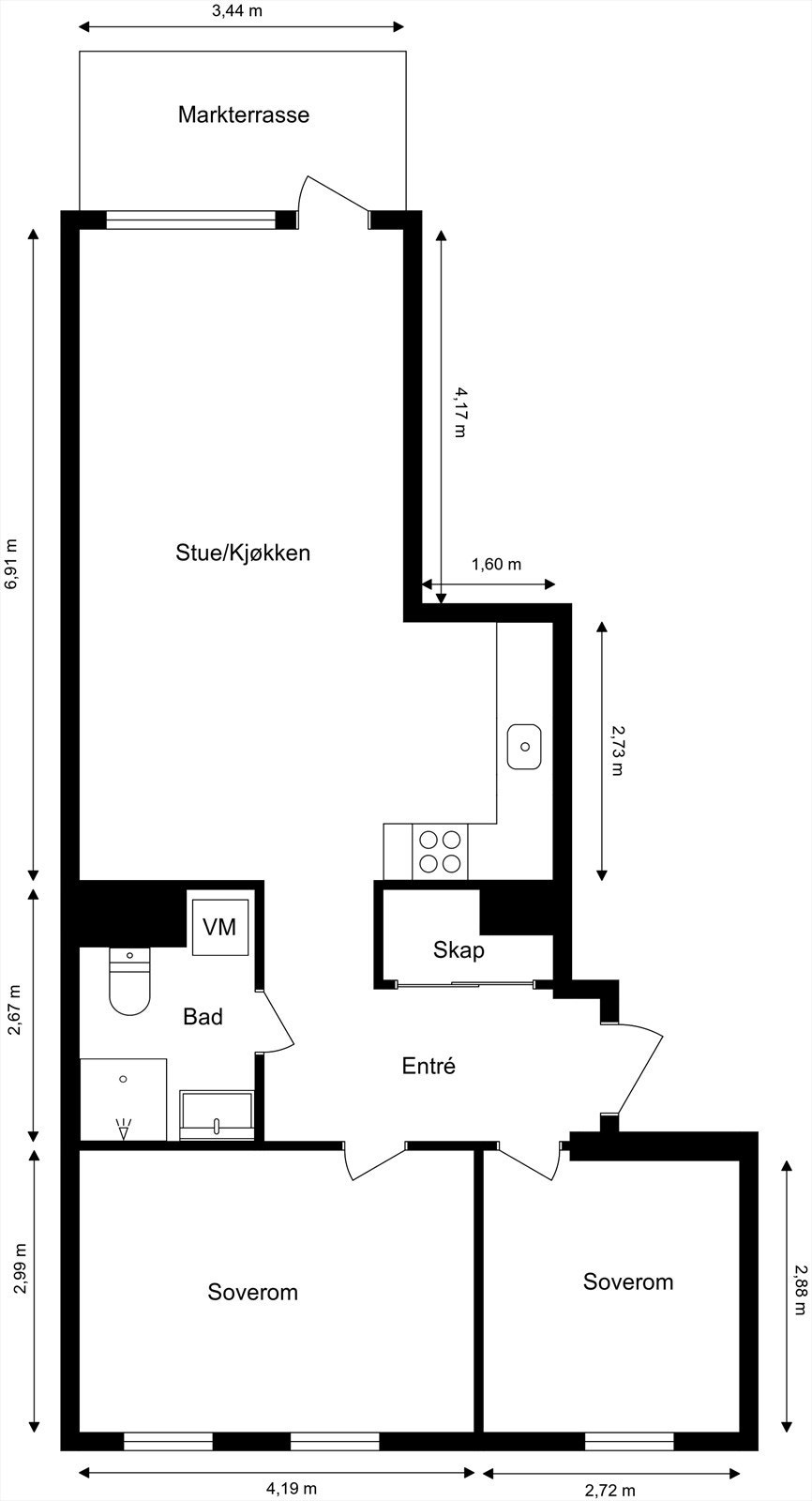Plantegningen viser en arealeffektiv leilighet med entré, to soverom, bad og stue/kjøkken. Galleribilde