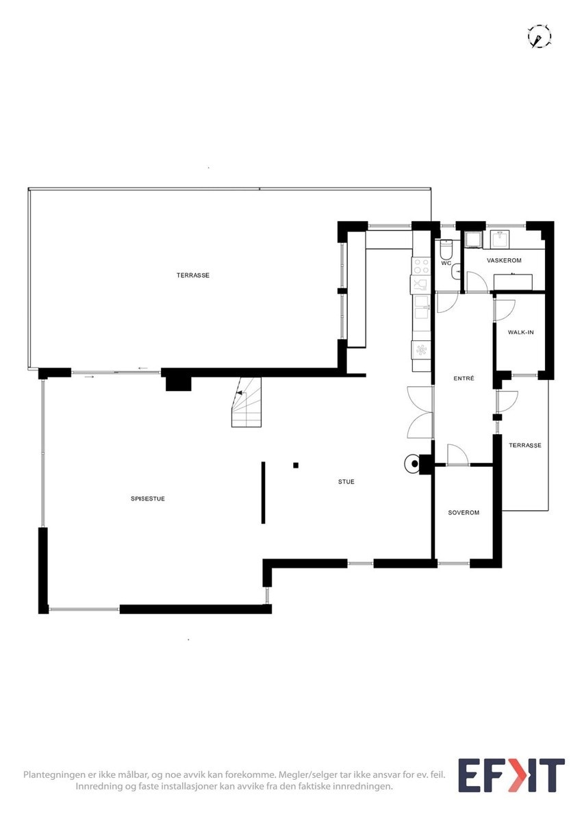 Hovedetasjen inneholder romslig stue, kjøkken med spiseplass, soverom, vaskerom og separat toalettrom Galleribilde
