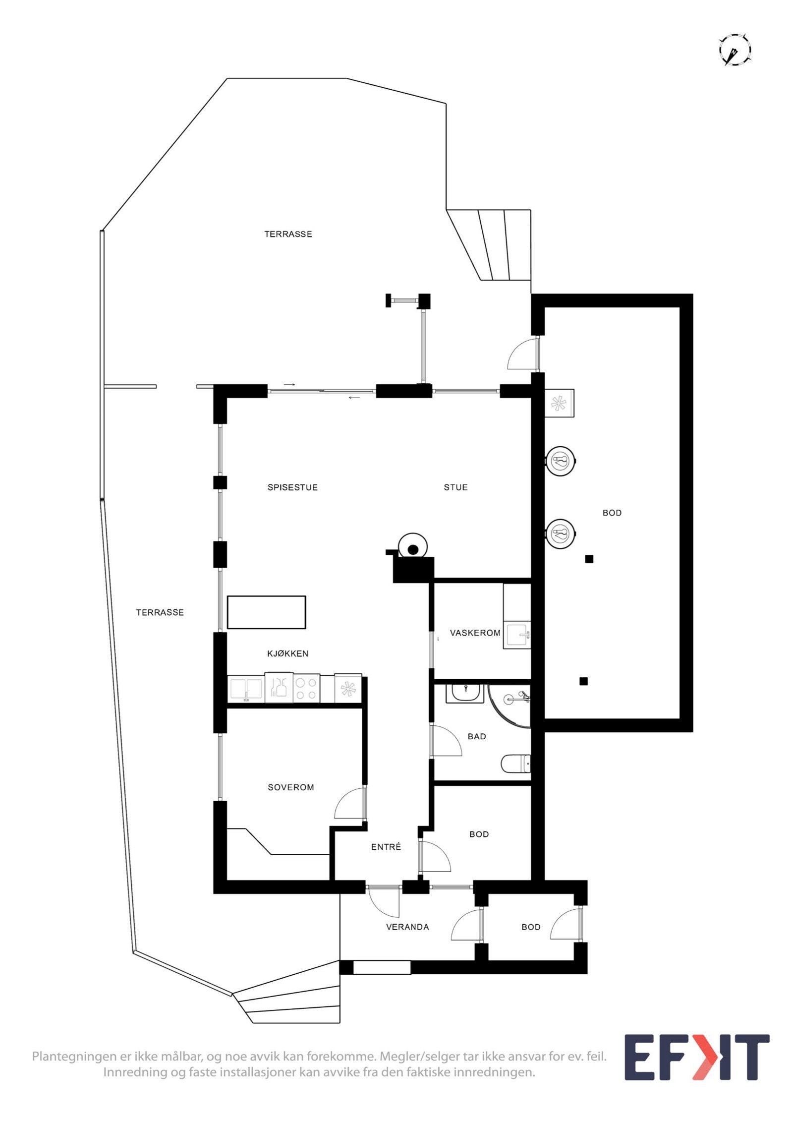 Hovedetasjen inneholder romslig stue, kjøkken med spiseplass, soverom, vaskerom og separat toalettrom Galleribilde