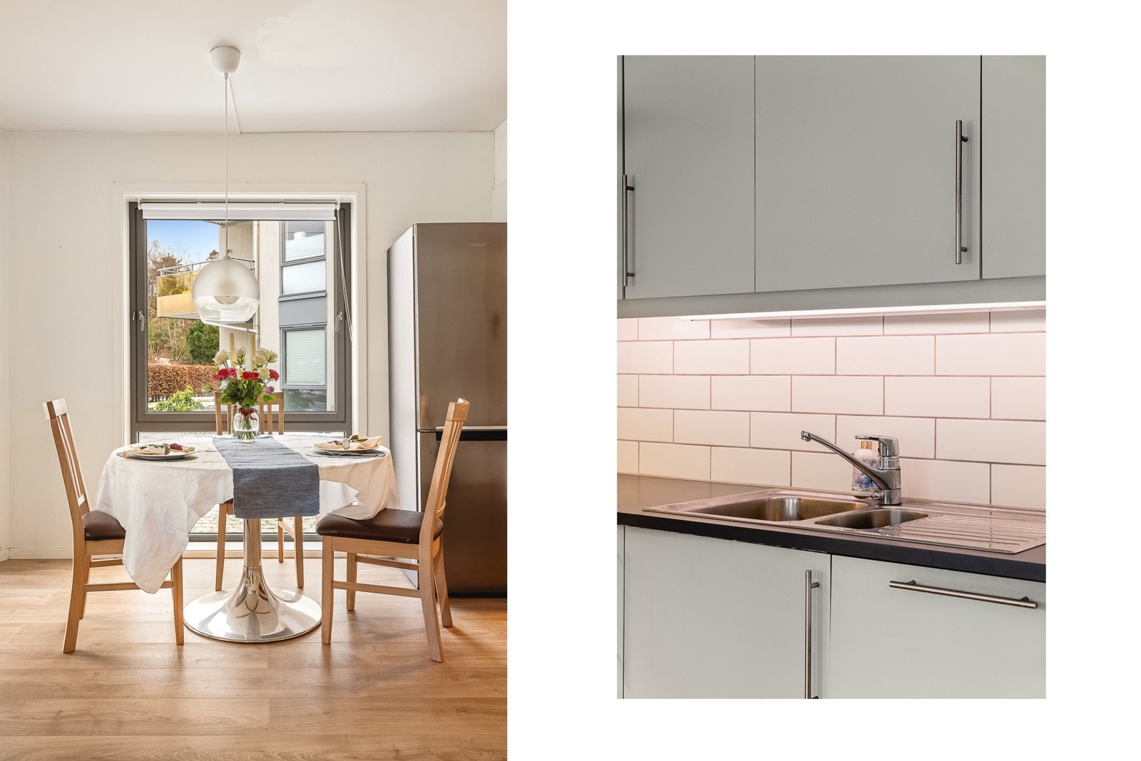 - Det er fliser over benkeplaten og praktisk lys under overskap som gir en behagelig arbeidsflate og et pent helhetsinntrykk - Galleribilde