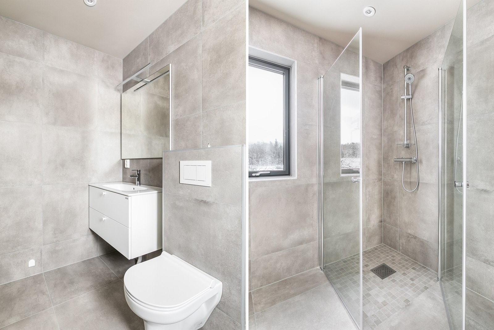 Dusjhjørnet har 90x90 cm. sidehengslede glassdører. Dørene kan om ønskelig svinges inn utenom bruk, for størst mulig gulvflate. Galleribilde