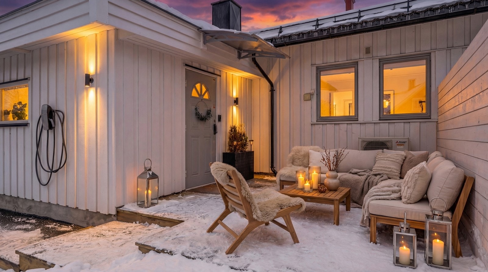 Velkommen til Myrtangvegen 8A! Et innbydende enderekkehus pusset opp i 2018/2019. Digitalt kveldsbilde. | Foto: Flytende Film AS (Thor Øyvind Borgersen) Galleribilde