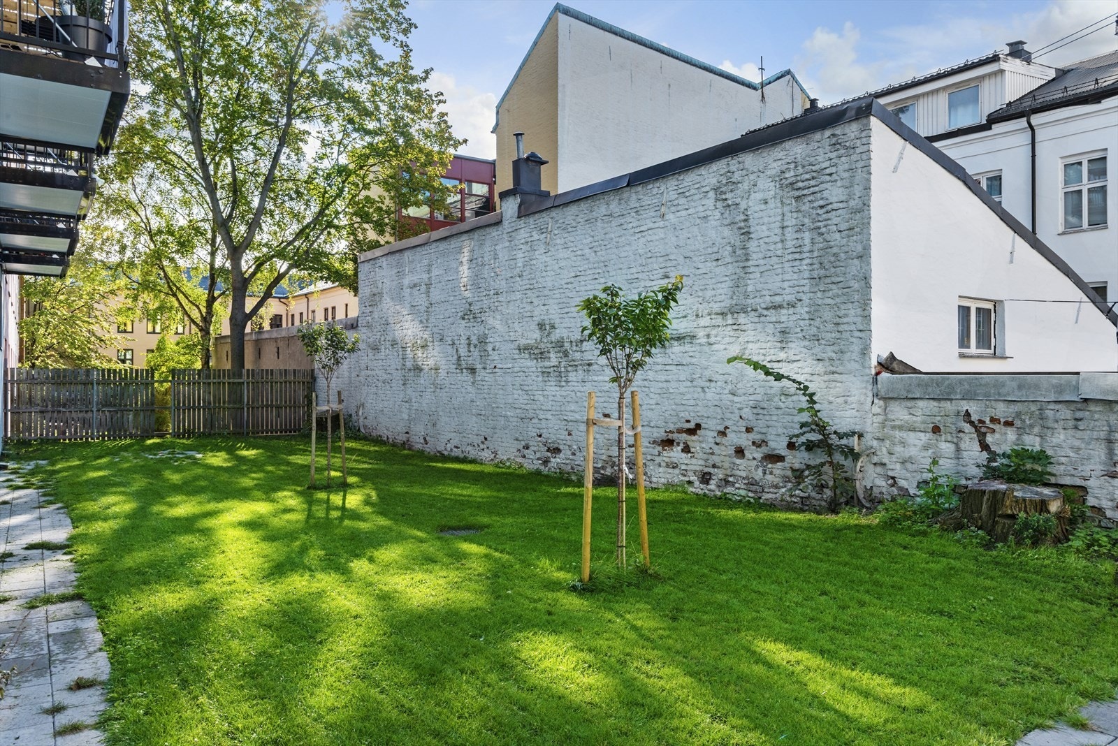 Velholdte, grønne fellesarealer med trær og variert beplantning. Galleribilde