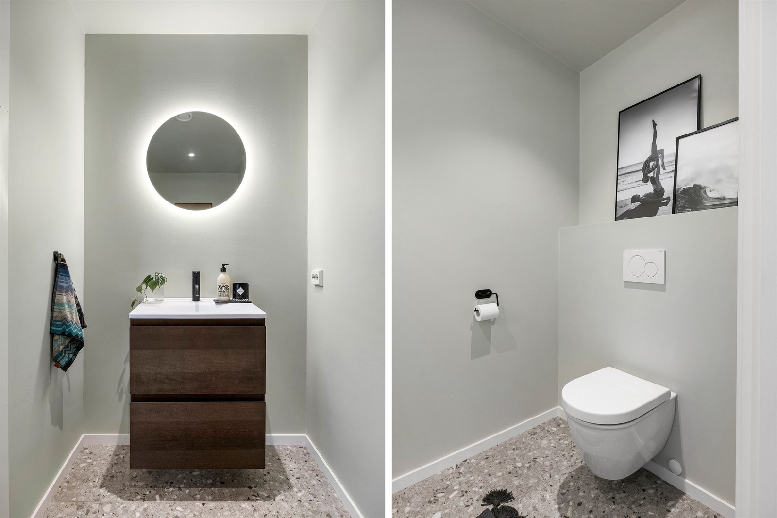 Toalettrom rett innenfor entréen med flislagt gulv med gulvvarme. Galleribilde