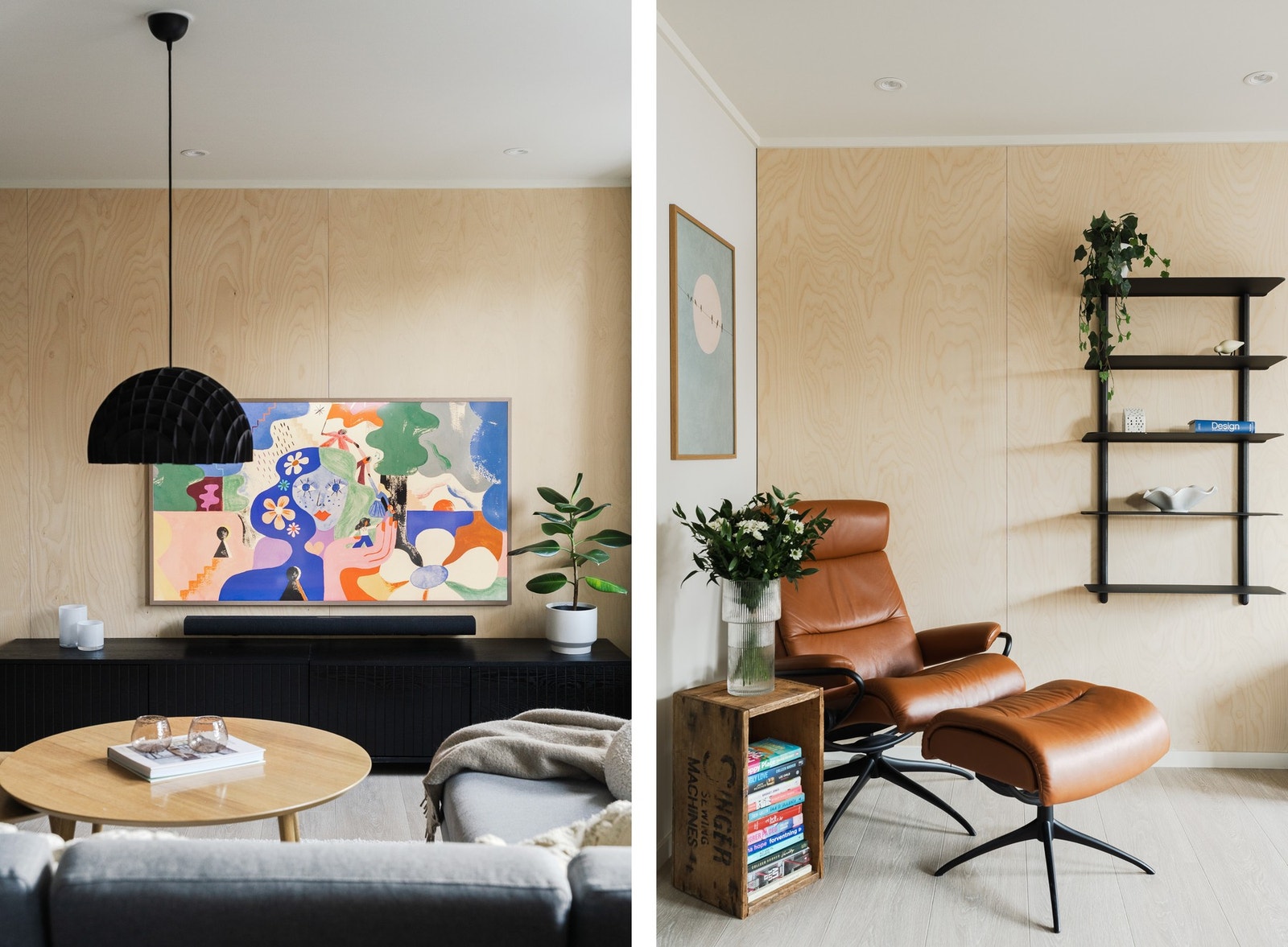 Stuen har 1-stavs laminat på gulv og en vegg med finerte treplater. Galleribilde