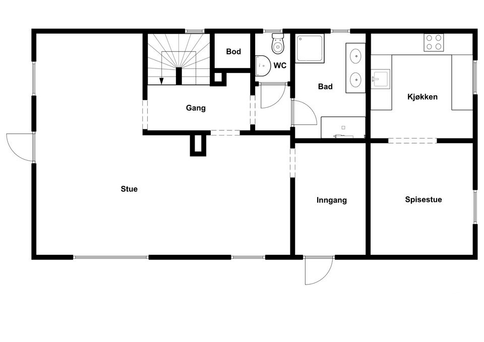 Første etasje inneholder en romslig stue med direkte tilgang til spisestue og kjøkken, som har integrerte hvitevarer fra 2016. Galleribilde