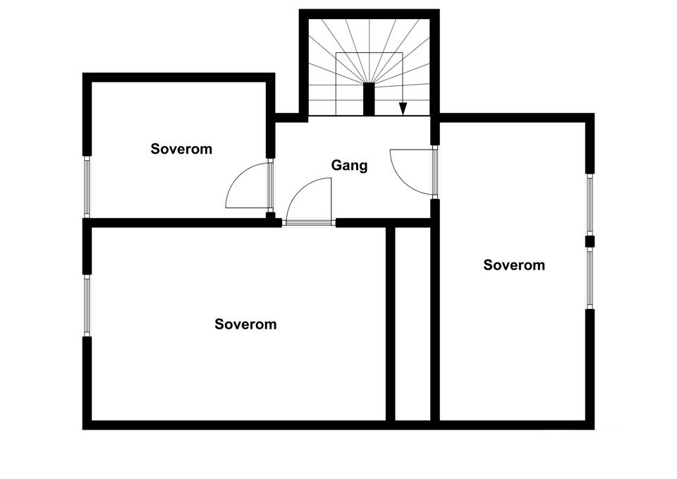 Plantegningen viser en gang med tre tilknyttede soverom. Galleribilde