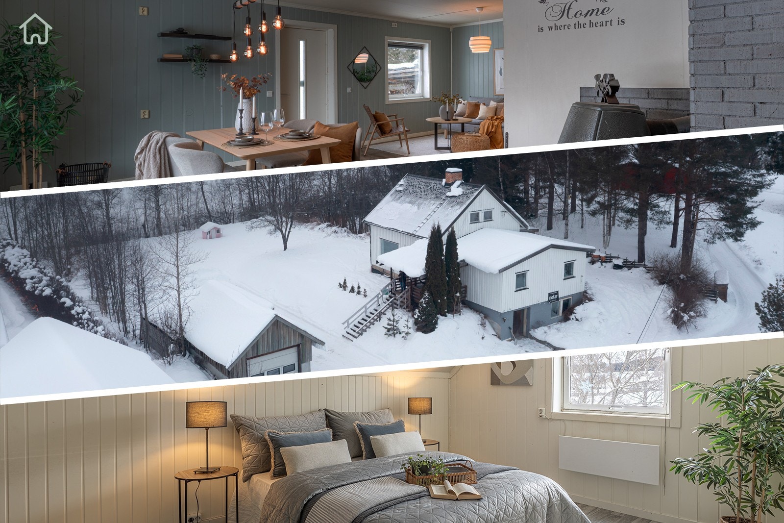 Kollasj med interiørbilder og luftfoto av eiendommen, viser eneboligen og garasjen i vinterlandskap. Galleribilde